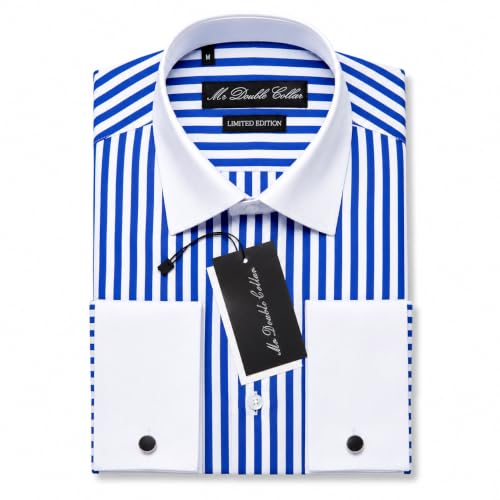 MrDoubleCollar Chemise à manches longues à double manchette blanche à rayures fines italiennes, Rayures bleues, L