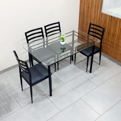 Image of Metal Dining Table Set 4 Seater with 12 mm Thick Clear Toughened Glass Top | Dining Table and Chair Set for Home Kitchen & Dining Room (Black, 4 Seater 2.5 x 4 feet)