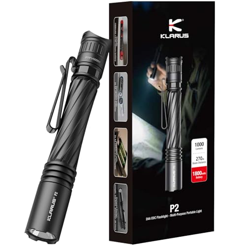 klarus P2 Tactical Pen Light, 1000 Lumens 886ft Throw, USB-C Rechargeable or 2AA Compatible, IPX8 Waterproof Small EDC Pocket Flashlight for Office Home Security