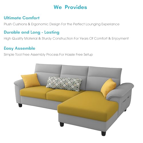 Image of Casaliving Seams RHS 4 Seater L Shape Sofa for Living Room (Yellow Grey Fabric) Premium Fabric Sofa