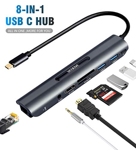 USB C Hub Ethernet HDMI Adapter, MacBook Pro USB C Dongle Hub,8-in-1-USB-C-Hub-HDMI-Audio-SD-Card Readers
