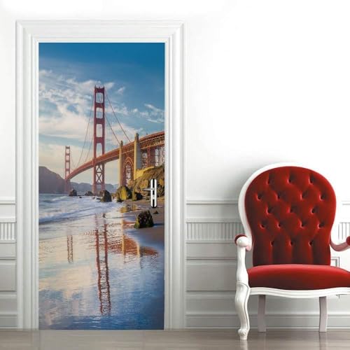 Stickers Porte Trompe L'oeil Etats-Unis Poster Pour Porte Le Pont du Golden Gate Papier Peint Autocollant Porte Chambre Décoration Auto Adhésif Imperméable...