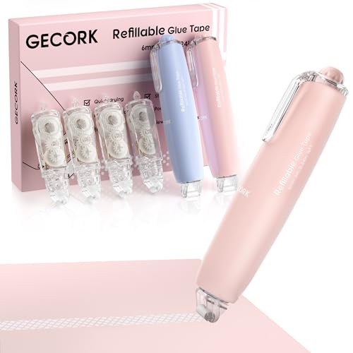 Gecork 2 Pack Glue Tape Pen with 4 Refills for Scrapbooking Double Sided Tape Roller for Scrapbook Crafts Card Making Junk Journal Supplies 0.24in x 16.4ft