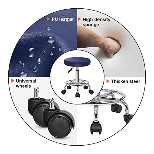 KKTONER PU lederen ronde rollende kruk met voetsteun draaibare hoogte aanpassing spa opstellen salon tattoo werk kantoor massagekrukken taakstoel (blauw) - Afbeelding 6
