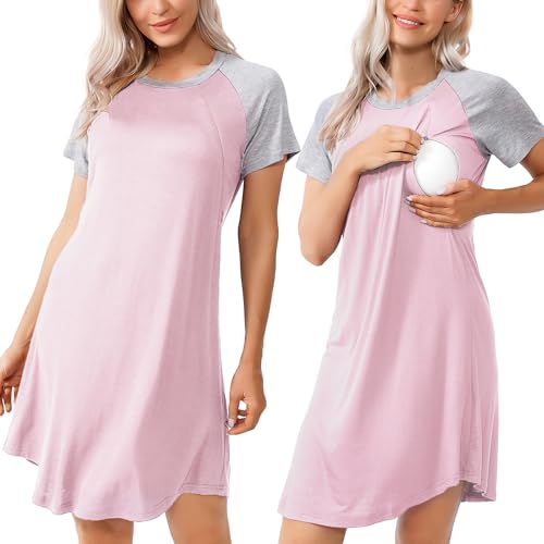 Image of AGKRUNN Women Sleepshirts 3 in 1 Labor/Maternity/Nursing Nightgown Short Sleeve Breastfeeding Sleep Dress XS-3XL