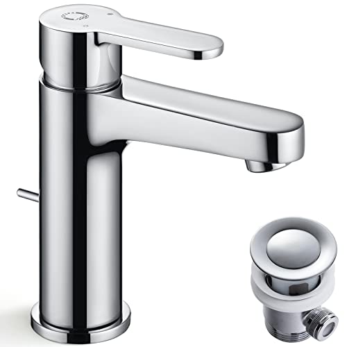 CECIPA Robinet de Salle de Bain avec Tirette, Bonde de Lavabo avec Hauteur de Bec 112 mm, Robinet de Salle de Bain à économie d'Eau Haute Pression à une Main, Mitigeur de Lavabo avec Accessoires Cover