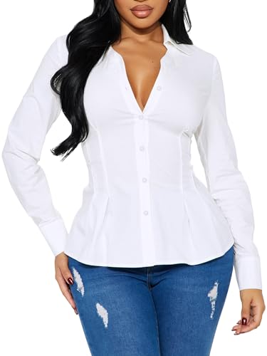 Womens Long Sleeve Button Down Shirt, Pleated Cinched Waist Blouse, Casual & Office Wear Tops (US, Alpha, Small, Regular, Regular, White)
