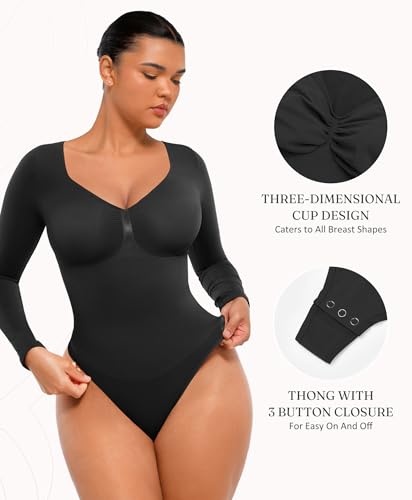 FeelinGirl Black Long Sleeve Shapewear for Woman Tummy Control Bodysuit Thong Going Out Slimming Tops Black M