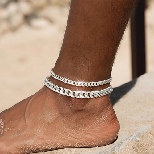 Image of Gold Ankle Bracelets for Women Waterproof - Dainty Gold Anklets Trendy Layered 14K Gold /Silver Plated Stackable Chunky Cuban Link Chian Anklet Bracelet Set for Women Non Tarnish Beach Jewelry Gift