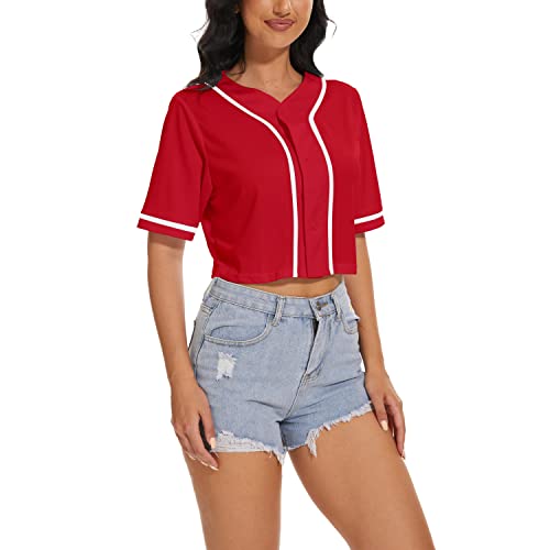 Women's Baseball Jersey Short Crop Tops Sweatshirt Blank Button Casual Softball Shirt Activewear Tee Summer Clothing (Red,S,Small,Regular,Regular) #TOP1