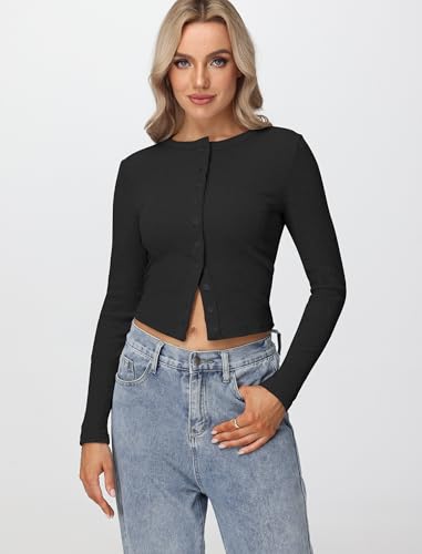Womens Long Sleeve Tops Fall Lightweight Cardigan Cropped Going Out Shirts Ribbed Button Down Cute Trendy 2025