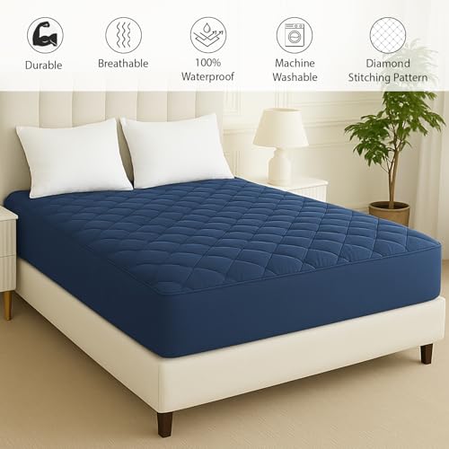 Image of Homestan 100% Waterproof Cotton Quilted Mattress Protector Single Bed, Elastic Fitted Bed Mattress Cover Protects from Dust & Mites (72x36 inches, Navy)
