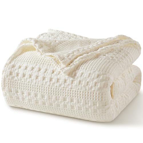 Image of PHF 100% Cotton Waffle Blanket Queen Size for Bed, Lightweight Breathable and Soft for Summer, Luxury Aesthetic Waffle Weave Blanket for Home Decor & Gifts for Women, 90 inchx90 inch, Ivory