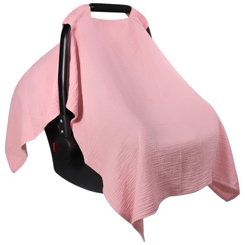 Carseat Covers Baby Girl, Soft Muslin Cotton Baby Car Seat Cover, Lightweight Breathable Infant Carseat Cover for Sunshade &amp; Privacy, Car Seat Covers for Babies (Blush Pink)