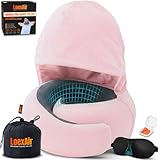 LOEXAIRβ’ Hooded Pro Travel Pillow - Memory Foam Neck Support Pillow for Airplane, Flight - Super-Soft Pure Cotton Fabric, Maximum Privacy & Light-Block Design, Lightweight Full Travel Kit- Sakura Pink