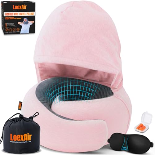Image of LOEXAIR Hooded Pro Travel Pillow - Memory Foam Neck Support Pillow for Airplane, Flight - Super-Soft Pure Cotton Fabric, Maximum Privacy & Light-Block Design, Lightweight Full Travel Kit- Sakura Pink