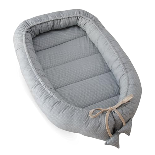 SEB MARKET | Nido Bebé 0-7 Meses 100% Algodón Certificado OEKO-TEX, Reductor de Cuna y Cuna de Viaje - Nido Bebé Acolchado y Mullido, Ideal para Colecho y con Lazo Ajustable 100% Made in Spain (Gris)