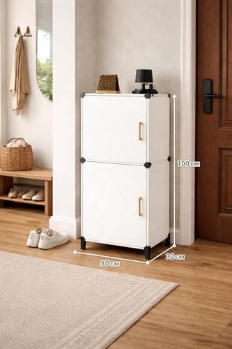 Image of Plastic Shoe Rack for Home with Door, 2-Door Shoe Storage Cabinet | 6-Shelfs for 12 Pairs | Waterproof & Portable DIY Shoe Slipper & Chappal Stand for Entryway /Bedroom (White-HE3)