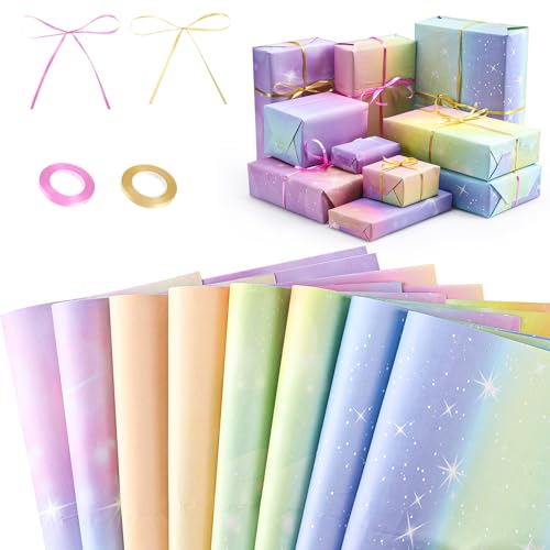 Kecanmater Geschenkpapier Geburtstag Set, 8 Blätter 70x50cm Regenbogen Farbverlauf Geschenkpapier Kinder mit 2 Rollen Satinband Wrapping Paper Geschenk Papier für Geburtstag Frauen Mädchen