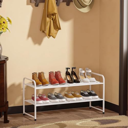 Image of Standard Shoe Rack 2-Tier 32.5 Inches Wide, Free Standing Shoe Organizer for Indoor Outdoor | Adjustable Heavy-Duty Metal Shelf Ideal for Home Entryway Closet & Garage Balcony | White