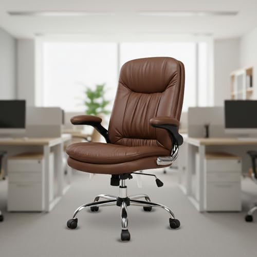 Image of Premium Leatherette Executive Office Chair with Chrome Base & Padded Armrests | Adjustable Height Swivel Desk Chair for Office & Home (Brown)