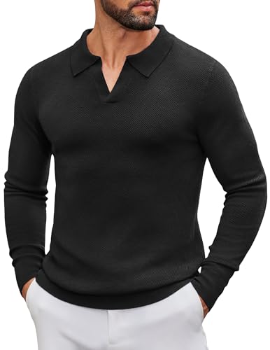 COOFANDY Men's Knit Polo Sweater Long Sleeve V-Neck Pullover Sweaters Casual Collared Ribbed Knitted Polos