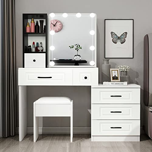 Vanity Dressing Table with Light and Mirror, MakeupVanity Desk with Drawer and Cushioned Stool for Bedroom, White (H-50)