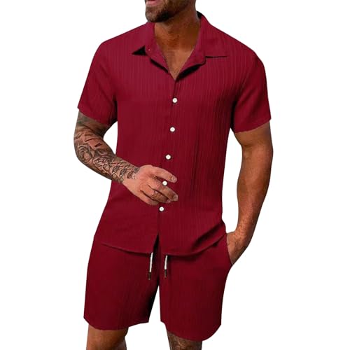 Conjunto de 2 Piezas Hombre Verano Playa Lino Camisa Manga Corta y Pantalones Cortos Casual Transpirable Fresco Suave Estilo Moda A4