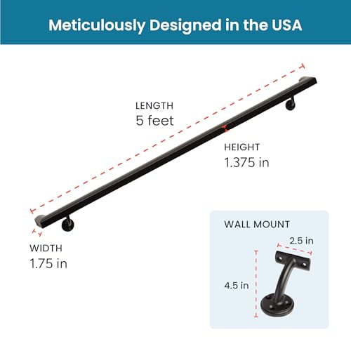 Complete Aluminum Handrail KIT - Wall Mount Brackets with Hardware, Indoor & Outdoor, Powder Coated, Comfortable Grip, Stronger ADA Design, Stylish Look (Black Textured, 5' Length) by Meranti Home + Garden - Image 7