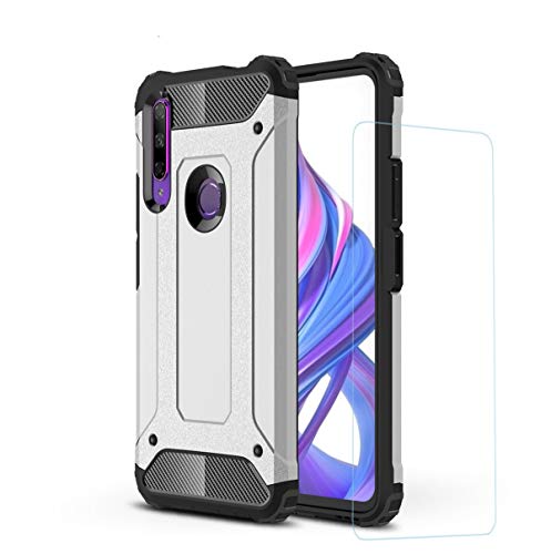 DESCHE Compatibles para Funda Honor 9X, Outdoor Funda Resistente + Cristal Templado, Dura PC + Suave TPU 2-en-1 Doble Protección Armadura Protectora Antigolpes Duradera Carcasa -Plata