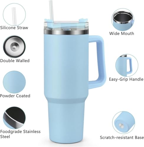 Image of Zephorus Personalized Stainless Steel Tumbler with Handle, 1200ml Capacity, Black Insulated Travel Mug with Straw, Custom Name Design (Blue)