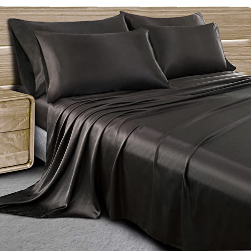 Pothuiny 6-Piece Satin Sheets for King Size Bed, Hotel Luxury Silky Black Satin Sheet Set, Satin Bed Sheets with 1 Satin Fitted Sheet + 1 Satin Flat Sheet + 4 Satin Pillowcases