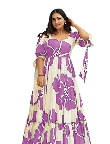 Image of Modestouze Attires Women's Floral Pattern Rayon Blend Maxi Dress with Sweetheart Neck Half Puff Sleeve Floor Length and Zipper Closure Type | Maxi Dress for Women Stylish | Dress for Women