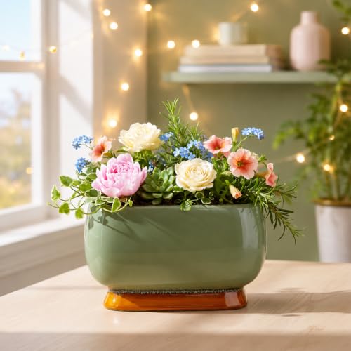 Image of Xtore Refined Glazed Ceramic Bonsai Planter Pot for Indoor & Tabletop Decor | Wide Low Profile with Drainage Hole | Turquoise Green Finish (Pack of 1, Planter Only)