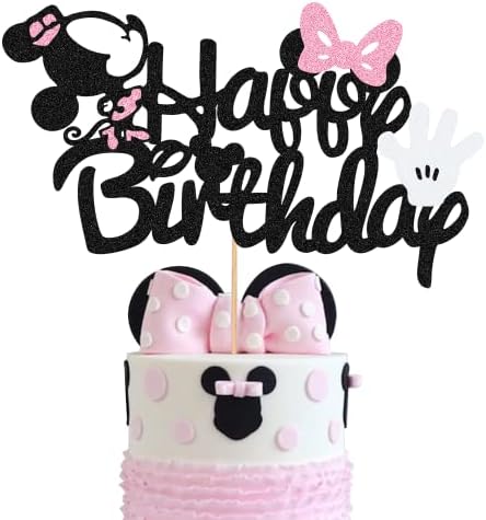 Cute Cartoon Cake Topper, Black Glitter Mouse Inspired Happy Birthday Cake Topper with Pink Bows and White Gloves Girls First Birthday Mouse Party Cake Decorations