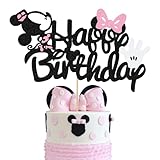 Cute Cartoon Cake Topper, Black Glitter Mouse Inspired Happy Birthday Cake Topper with Pink Bows and