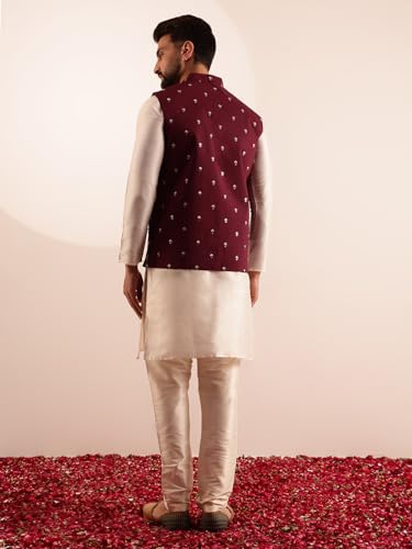 Image of SOJANYA Men's Silk Blend Cream Kurta and Pyjama With Daman Embroidered Nehru Jacket
