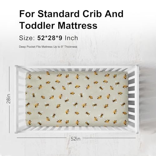 Image of Vintage Bees Crib Sheets for Girl Boy 52 inchx28 inch Sweet Bee Soft Breathable Crib Mattress Covers Honey Bees Baby Sheets for Standard Crib and Toddler Mattress Pads Spring Garden Fitted Bed Sheets
