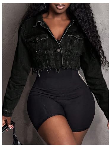 MakeMeChic Women's Y2k Denim Jacket Distressed Button Down Ripped Long Sleeve Crop Jean Coat3