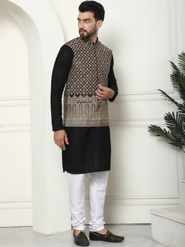 Image of SOJANYA (Since 1958 Men's Cotton Linen Maroon Kurta and White Pyjama with Mustard Cotton Nehru Jacket