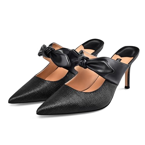 MIRAAZZURRA Mule Heels for Women Raffia High Heels Bow Heels Pointed Close Toe Mules Slip On Stiletto Heels for Bridal Wedding Dress Party