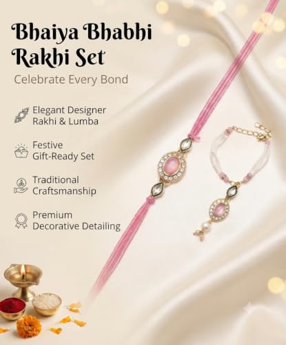 Image of Rakhi for Brother and Bhabhi Set of 2, Designer Rakhis for Rakshabandhan, Bhaiya Bhabhi Rakhi Set for Rang Panchami, Best Wishes Greeting Card and Tillak Set, Premium Thread Raki for Him