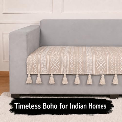 Image of STITCHNEST 'Verdant Bohemian Stories' 2 Seater Sofa Cover| Elegant Jacquard Fabric, Decorative Tassels, Washable & Durable for Modern Living
