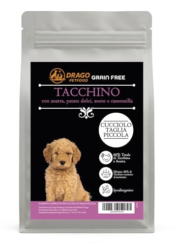 DRAGO PETFOOD Pienso para cachorro, talla pequeña, pavo y pato con manzanilla, sin granos, hipoalergénico, 60% pavo y pato – Saco de 2 kg