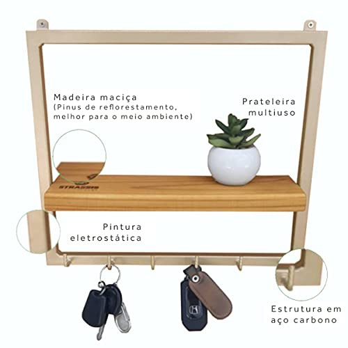 Porta Chaves Prateleira 6 Ganchos Resistentes Strassis Design SD-5008 Cor: Champanhe