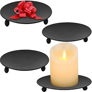 gb Home Collection Iron Plate Candle Holder, Black, Decorative Iron Pillar Candle Plate, Set of 4, 4.75 inches Dx .7 inches H, Pedestal Candle Stand for LED & Wax Candles, Incense Cones, Spa, Weddings