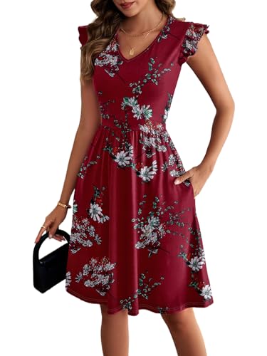 Image of HELYO Women's Summer Dresses Cute V Neck Ruffle Sleeve Cocktail Short Work Casual Dress with Pockets 648