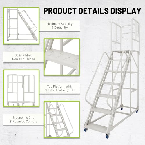 Image of 7-Step 23.3 inchW x 102.5 inchH Rolling Ladder with Handrails, Non-Slip Platform, Lockable Wheels, 1500LBS Capacity, Industrial & Warehouse Stairs, Easy to Move,Stable for Library, Supermarket, Garage