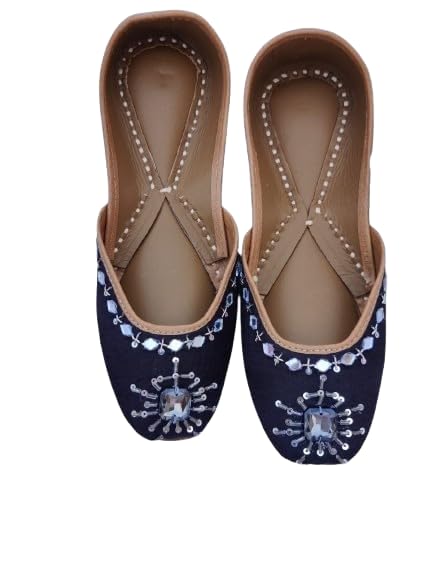 Women's Black Leather Punjabi Jutti | Handcrafted Ethnic Flat Footwear with Stone & Bead Embroidery-image-39