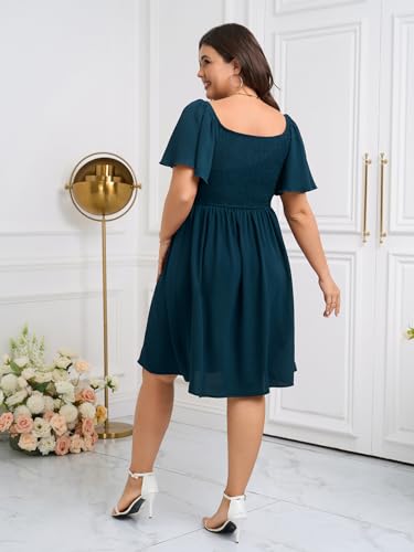 Image of SCOMCHIC Womens Plus Size Summer Dresses Casual Short Sleeve Smocked Square Neck Tie Waist Flowy A Line Mini Sun Dress